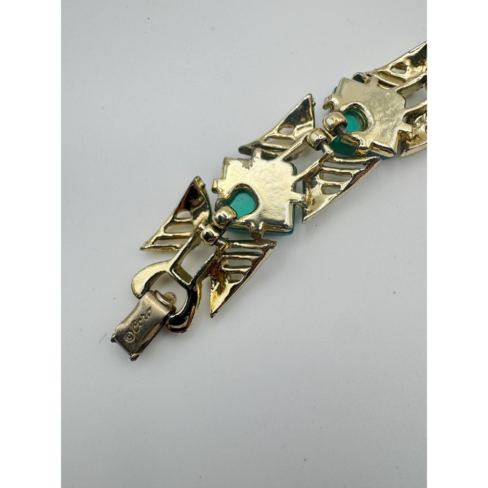 Vintage Coro Bracelet Green Thermoset Link Moonglow Lucite Gold Tone MCM 7" - Picture 3 of 7